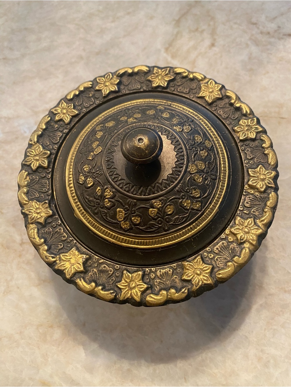Ornate Brass Decorative Trinket Box - Gold and Dark Bronze